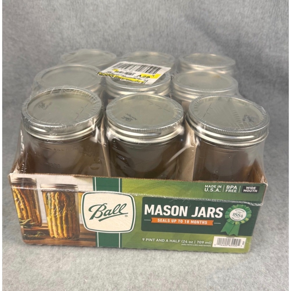 Vtg Ball Mason Jars 9-Pack 24oz 1.5 Pint Wide Mouth Clear Glass SureTight Lids